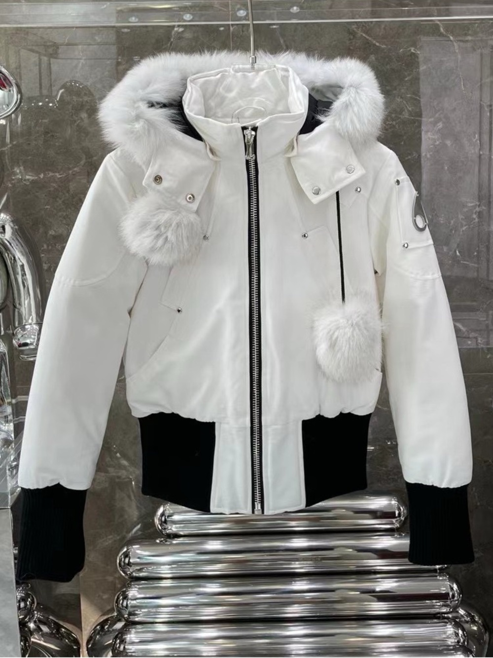 Moose Knuckles White Faux-Fur Hooded Winter Jacket with Black Accents